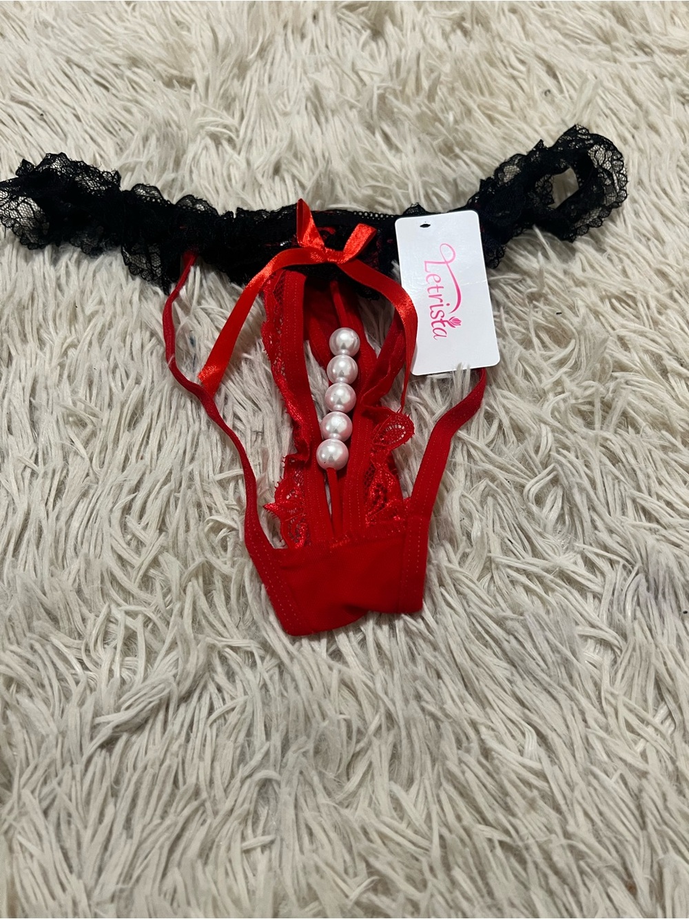 Tempting Pearl-Back Lace Thong - Red & Black